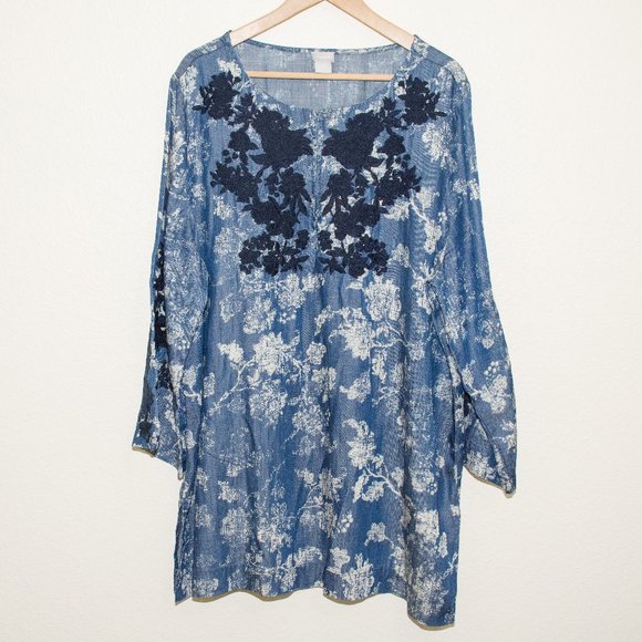 Chico's Embroidered Kurta Denim Chambray Tunic Sz 4/XXL - Picture 4 of 8